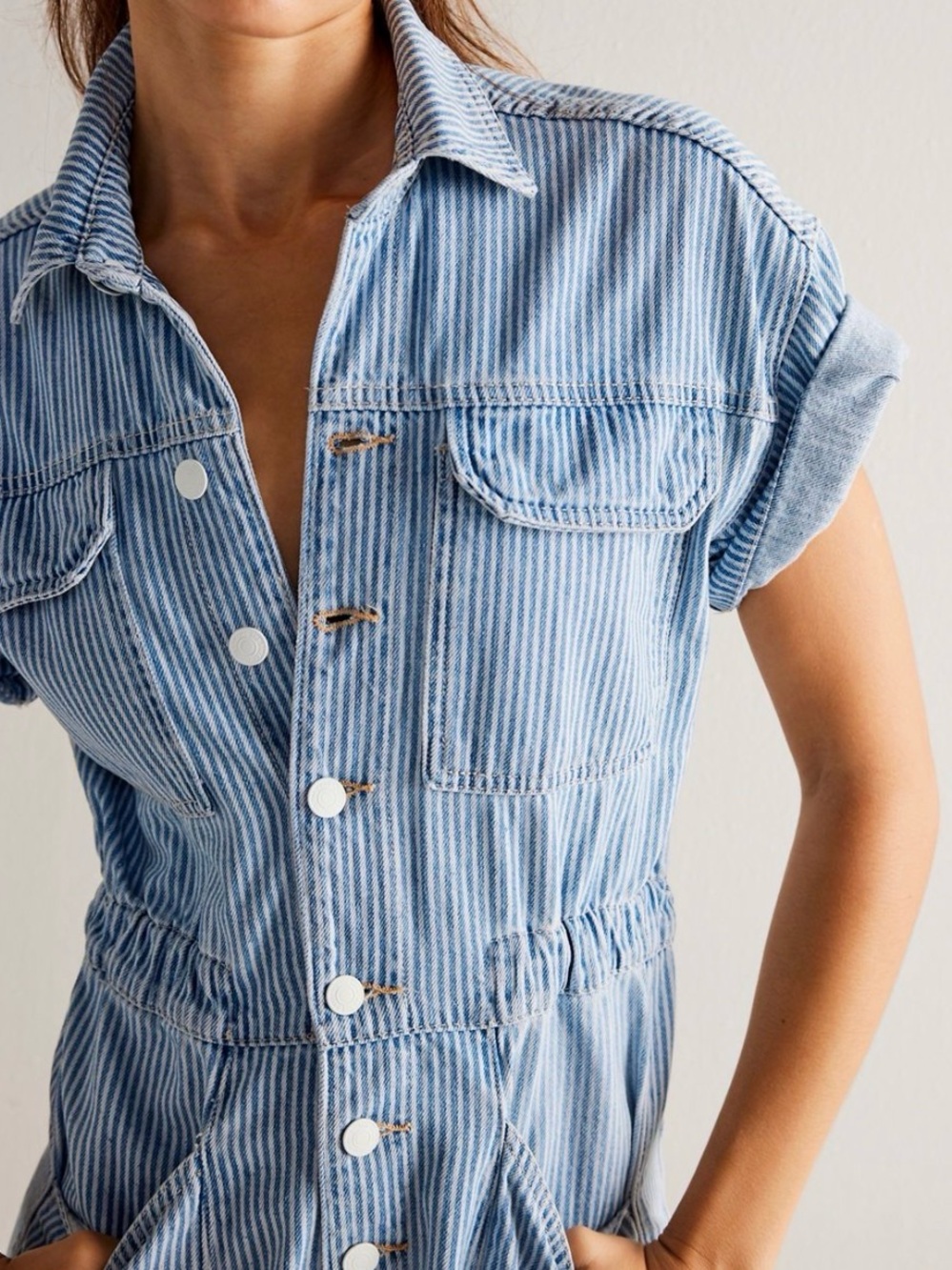 Striped free people Light Blue Denim Utility Romper